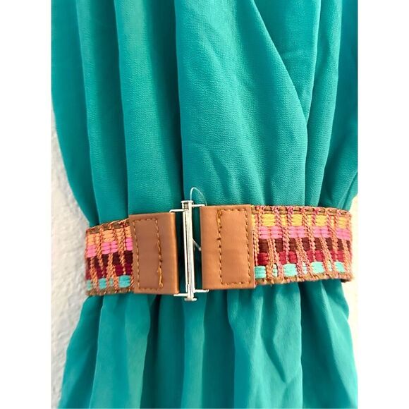 NWT BCX Juniors Women's blue/green Belted Pullover Chiffon Halter Fit & Flare Dr - Picture 4 of 13